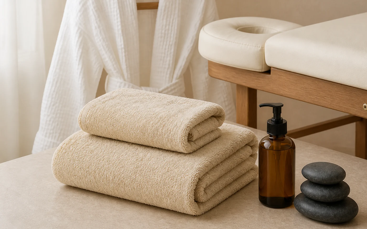 Katlı havlular, beyaz bornoz, masaj yağı şişesi, spa taşları ve masaj yatağından oluşan spa tekstili sunumu